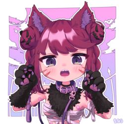  absurdres animal_ears animal_hands arms_up bad_id bad_pixiv_id bandages bandaid blush braid choker collar denonbu double_bun female fur hair_bun hair_ornament halloween halloween_costume highres inubousaki_shian leash looking_at_viewer open_mouth purple_eyes sharp_teeth teeth tomiuimot twin_braids 