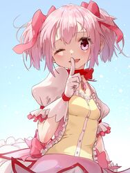  blue_background breasts dress female finger_to_mouth gloves hair_ribbon highres kaname_madoka kaname_madoka_(magical_girl) magical_girl mahou_shoujo_madoka_magica mahou_shoujo_madoka_magica_(anime) neck_ribbon one_eye_closed open_mouth pink_dress pink_eyes pink_hair pink_ribbon puella_anko puffy_short_sleeves puffy_sleeves red_ribbon ribbon short_hair short_sleeves short_twintails shushing small_breasts smile solo twintails upper_body white_gloves 