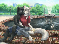  anthro balu_blackcat bench black_body black_fur blue_bottomwear blue_clothing blue_eyes blue_shorts bottomwear bread brick canid canine canis city cityscape clothed clothing crumbs domestic_cat duo felid feline felis female food fountain fur interspecies kacey male mammal nikki_blackcat outside pants park park_bench plant red_clothing red_eyes red_shirt red_topwear romantic romantic_ambiance romantic_couple shirt shorts street_lamp topless topless_male topwear tree water white_body white_fur wolf 