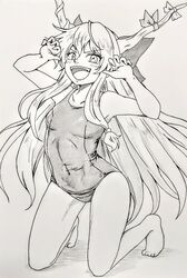  :d breasts collarbone commentary_request covered_navel d-m_(dii_emu) female full_body horn_ornament horn_ribbon horns ibuki_suika kneeling long_hair looking_at_viewer open_mouth ribbon simple_background small_breasts smile solo teeth touhou upper_teeth_only v-shaped_eyebrows 