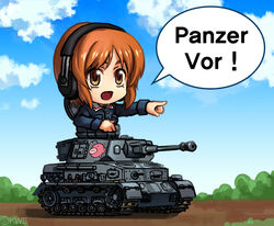  anglerfish artist_name brown_eyes brown_hair bush caterpillar_tracks chibi cloud commentary_request female fish german_text girls_und_panzer gun headphones kws military military_vehicle motor_vehicle nishizumi_miho ooarai_military_uniform outdoors panzer_iv sky tank weapon 