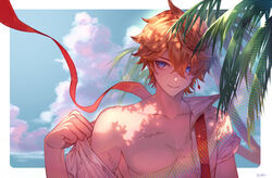  1boy absurdres blue_eyes cloud commentary_request day earrings genshin_impact hair_between_eyes highres jewelry kokollet male_focus open_clothes open_shirt orange_hair outdoors parted_lips pectorals scar scar_on_arm scar_on_chest shirt signature single_earring sky solo tartaglia_(genshin_impact) toned toned_male upper_body water_drop wet white_shirt 