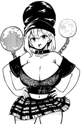  absurdres bad_id bad_twitter_id black_shirt breasts chains cleavage clothes_writing commentary_request crop_top cropped_shirt earth_(ornament) female greyscale hecatia_lapislazuli highres himajin_noizu inactive_account large_breasts microskirt monochrome moon_(ornament) navel off-shoulder_shirt off_shoulder plaid plaid_skirt revision shirt simple_background skirt solo standing t-shirt touhou white_background 