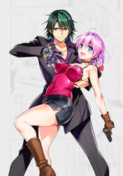  1boy :d ahoge bare_shoulders black_cat_(series) blue_eyes boots commentary_request eyelashes female gloves green_eyes green_hair gun handgun happy jenos_hazard jewelry leather_skirt looking_at_viewer official_art open_mouth paneled_background pink_hair rinslet_walker skirt smile standing weapon yabuki_kentarou 