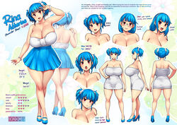  absurdres blue_footwear blue_hair blunt_bangs breasts cleavage erkaz female glasses high_heels highres huge_breasts multiple_views open_mouth original red_eyes reference_sheet rina_atherina short_hair thick_thighs thighhighs thighs 