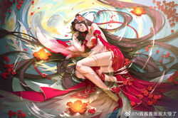  absurdly_long_hair backless_dress backless_outfit bare_shoulders bird breasts brown_hair detached_sleeves dress facial_mark female flower forehead_mark hair_ornament highres huo_linger_(wanmei_shijie) large_breasts long_hair lotus lying naglus on_side parted_lips phoenix red_dress red_footwear ripples solo teeth thighlet very_long_hair wanmei_shijie water 