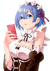  black_bow black_ribbon black_sleeves blue_eyes blue_hair bow breasts cellphone cleavage detached_collar detached_sleeves female flower hair_between_eyes hair_flower hair_ornament hair_ribbon head_wreath highres holding holding_phone maid medium_breasts neck_ribbon open_mouth phone re:zero_kara_hajimeru_isekai_seikatsu red_ribbon rem_(re:zero) ribbon ribbon-trimmed_sleeves ribbon_trim roswaal_mansion_maid_uniform short_hair simple_background smartphone solo upper_body white_background white_bow white_flower x_hair_ornament yasehattagi 