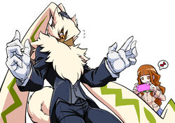  ankomoke anthro bandai_namco brown_hair butler cellphone clothing digimon digimon_(species) digimon_ghost_game duo electronics female formal_wear fur hair hi_res human lagomorph leporid long_ears long_hair male mammal netiel orange_eyes phone photographing_another ponytail_ears rabbit ruri_tsukiyono smartphone suit symbareangoramon yellow_body yellow_fur 