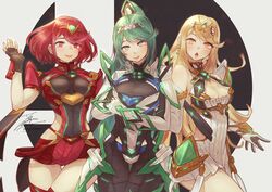  3girls bare_legs bare_shoulders black_gloves blonde_hair blush breasts chest_jewel cleavage_cutout clothing_cutout dress dual_persona earrings elbow_gloves fadingz fingerless_gloves gem gloves greek_text green_eyes green_hair headpiece high_heels jewelry large_breasts long_hair multiple_girls mythra_(xenoblade) neon_trim one-piece_swimsuit open_mouth pneuma_(xenoblade) ponytail pyra_(xenoblade) red_eyes red_hair red_legwear red_shorts short_dress short_hair short_shorts shorts smash_invitation spoilers super_smash_bros. super_smash_bros._logo swept_bangs swimsuit thigh_strap thighhighs tiara very_long_hair white_dress white_footwear white_gloves white_one-piece_swimsuit xenoblade_chronicles_(series) xenoblade_chronicles_2 yellow_eyes 