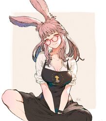  animal_ears apron between_legs bracelet breasts cleavage commentary female final_fantasy final_fantasy_xiv flower glasses hair_flower hair_ornament hand_between_legs highres indian_style jewelry kuroimori pink_eyes pink_hair rabbit_ears red-framed_eyewear sitting sleeves_rolled_up solo unbuttoned unbuttoned_shirt viera warrior_of_light_(ff14) 