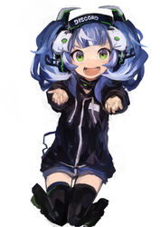  absurdres black_hoodie blunt_bangs collar commentary_request discord discord-chan female green_eyes headphones highres hood hoodie kaamin_(mariarose753) looking_at_viewer open_mouth outstretched_arms purple_hair short_shorts shorts smile solo thighhighs twintails v-shaped_eyebrows white_background 