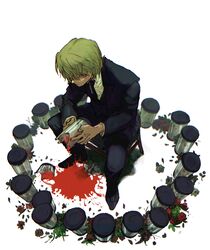  1boy bad_id bad_pixiv_id black_footwear black_jacket black_necktie black_pants black_suit blonde_hair blood blood_splatter blurry broken collared_shirt depth_of_field eyeball flower formal from_above full_body grey_flower grey_rose highres hunter_x_hunter jacket kurapika long_sleeves looking_at_viewer looking_up male_focus necktie netetsu_(yyrf3o) pants petals red_eyes red_flower red_rose rose shards shirt shoes short_hair simple_background sitting solo stool suit tube white_background white_shirt 