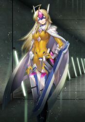  :d ahoge blazblue blazblue:_bloodedge_experience blazblue_alternative:_dark_war blonde_hair bodysuit breasts cape covered_eyes female hand_on_own_hip highres kiiro_hikagami kyouka_hatori leotard long_hair looking_at_viewer mecha_musume official_art open_mouth robot_ears smile solo third-party_source yellow_bodysuit yellow_leotard 