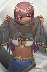  alice_gear_aegis as4gi breasts choker dancer dark-skinned_female dark_skin detached_sleeves fabric fatima_betrorum female harem_outfit holding_cloth jewelry large_breasts long_hair looking_at_viewer navel necklace pink_hair puffy_detached_sleeves puffy_sleeves purple_eyes see-through signature solo 