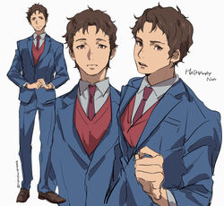  1boy absurdres blue_jacket blue_pants brown_eyes brown_hair character_name collared_shirt formal gundam gundam_hathaway&#039;s_flash hair_behind_ear hathaway_noa highres jacket looking_at_viewer male_focus multiple_views necktie pants red_necktie red_vest ryukusou shirt suit vest white_background white_shirt 