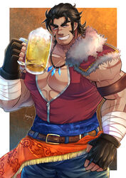  1boy absurdres arm_wrap artist_name bandaged_arm bandages bara beer_mug belt black_gloves check_copyright copyright_request covered_nipples cross_scar cup facial_hair feet_out_of_frame fingerless_gloves gloves goatee grin highres holding holding_cup jewelry kageru_(mofnyan) large_pectorals leather_belt long_sideburns male_focus mug muscular muscular_male necklace original partially_unzipped pectoral_cleavage pectorals scar scar_on_arm scar_on_cheek scar_on_face scar_on_nose sideburns smile smirk solo standing thick_eyebrows veins 