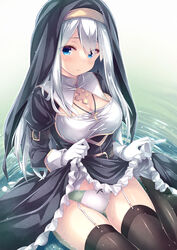  black_dress black_thighhighs blue_eyes bow bow_panties breasts cleavage commentary_request dress eyes_visible_through_hair female frilled_dress frills garter_straps gloves habit highres juliet_sleeves long_sleeves looking_at_viewer medium_breasts nun original panties puffy_sleeves ryo_(botugo) shallow_water sitting sleeves_past_wrists solo thigh_gap thighhighs underwear veil water wet white_gloves white_hair white_panties 