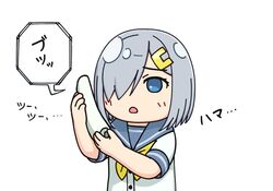  blue_eyes blue_sailor_collar commentary cordless_phone female grey_hair hair_ornament hair_over_one_eye hairclip hama!_(3toshinhmkz) hamakaze_(kancolle) kantai_collection necktie phone sailor_collar school_uniform serafuku short_hair solo translated upper_body yellow_necktie 