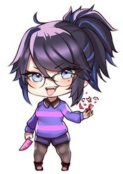  absurdres black_hair blue_eyes chibi commentary_request cosplay female frisk_(undertale) frisk_(undertale)_(cosplay) full_body glasses highres holding holding_knife holding_weapon indie_virtual_youtuber knife kson looking_at_viewer mole mole_under_eye nyctea_snow open_mouth purple_sweater solo striped_clothes striped_sweater sweater tongue tongue_out undertale virtual_youtuber weapon wing_collar 