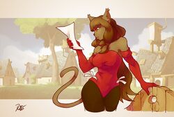  absurd_res ankama anthro breasts clothed clothing detailed_background dofus dress ecaflip felid female hi_res mammal miranda_(wakfu) paper reading ren00821307 solo wakfu wide_hips 