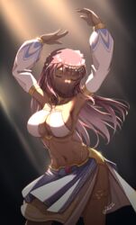  alice_gear_aegis armpits arms_up as4gi bare_shoulders breasts choker closed_eyes dancer dancing dark-skinned_female dark_skin detached_sleeves fatima_betrorum female harem_outfit highleg highres jewelry large_breasts long_hair mouth_veil navel necklace pink_hair puffy_detached_sleeves puffy_sleeves signature solo stomach thighlet veil 