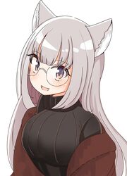  animal_ears biba_eichi breasts brown_jacket female fox_ears fox_girl glasses grey_eyes grey_hair head_tilt highres indie_virtual_youtuber jacket leaning_forward looking_at_viewer medium_breasts nerine_(vtuber) oerba_yun_fang off_shoulder open_mouth round_eyewear solo upper_body virtual_youtuber white_background 