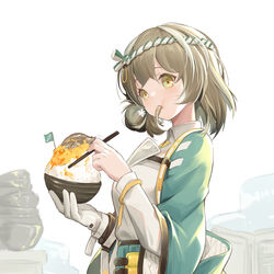  absurdres arknights bowl brown_hair chinese_commentary commentary eating female fish gloves green_jacket headband highres holding jacket jiusan_naitang long_sleeves looking_at_viewer magallan_(arknights) magallan_(shaved-ice_memories)_(arknights) medium_hair official_alternate_costume open_clothes open_jacket rice rice_bowl shirt single_glove solo upper_body white_background white_gloves white_shirt yellow_eyes 