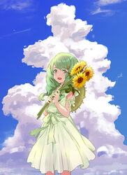  alternate_costume asao_(vc) blue_sky cloud day dress female fire_emblem fire_emblem:_three_houses flayn_(fire_emblem) flower green_eyes green_hair hair_ornament highres holding holding_flower long_hair open_mouth sky solo sunflower 