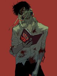  1boy absurdres bad_id bad_pixiv_id bandage_over_one_eye bandaged_head bandages belt black_hair black_pants bleeding blood blood_from_mouth blood_on_arm blood_on_bandages blood_on_clothes blood_on_face blood_on_hands book bruise chrollo_lucilfer collared_shirt cowboy_shot cross dress_shirt earrings facial_mark forehead_mark hair_over_one_eye hand_up handprint head_tilt highres holding holding_book hunter_x_hunter injury jewelry long_sleeves looking_at_viewer male_focus messy_hair nen_(hunter_x_hunter) netetsu_(yyrf3o) nosebleed one_eye_covered open_book pants parted_bangs red_background shirt shirt_partially_tucked_in short_hair simple_background sleeves_rolled_up solo torn_clothes torn_sleeves white_shirt 