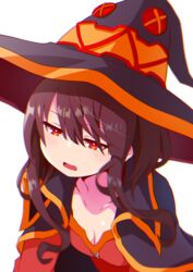  black_hat breasts brown_hair cleavage collarbone female floating_hair hair_between_eyes half-closed_eyes hat highres kono_subarashii_sekai_ni_shukufuku_wo! megumin open_mouth red_eyes short_hair_with_long_locks sidelocks small_breasts solo upper_body white_background witch_hat yasehattagi 