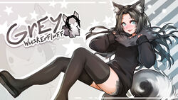  2022 animal_humanoid black_hair blue_eyes canid canid_humanoid canine canine_humanoid clothed clothing dragonfu femboy fluffy fluffy_tail grey_(character) grey_(greywolf570) hair humanoid legwear long_hair looking_at_viewer male mammal mammal_humanoid solo tail thigh_highs wolf_humanoid 