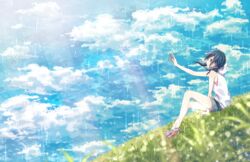  amano_hina_(tenki_no_ko) arm_up black_eyes black_hair blue_sky blurry blurry_foreground cloud commentary_request female from_side highres hood hood_down jacket kouichi383 rain rainbow red_footwear shorts sitting sky sleeveless sleeveless_jacket smile solo tenki_no_ko twintails white_jacket 