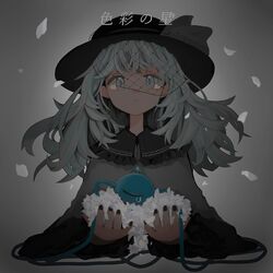  album_cover alternate_color black_hat black_nails blouse closed_mouth commentary cover cropped_torso female fingernails floating_hair frilled_shirt_collar frilled_sleeves frills green_eyes green_hair grey_ribbon grey_shirt hat hat_ribbon highres holding ichinose_(kurui96) komeiji_koishi long_hair long_sleeves looking_at_viewer nail_polish petals ribbon shirt single_tear smile solo third_eye touhou translated upper_body veil wide_sleeves 