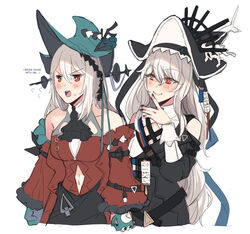  2girls arknights bare_shoulders black_dress black_headwear black_nails blue_gloves blue_headwear blush breasts closed_mouth clothing_cutout detached_sleeves dress english_text finger_to_mouth frilled_sleeves frills gloves grey_hair highres hinagi_(fox_priest) holding_hands impossible_clothes interlocked_fingers long_hair long_sleeves medium_breasts multiple_girls nail_polish navel navel_cutout open_mouth red_dress red_eyes shoulder_cutout simple_background skadi_(arknights) skadi_the_corrupting_heart_(arknights) smile specter_(arknights) specter_the_unchained_(arknights) v-shaped_eyebrows very_long_hair white_background yuri 