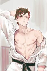  1boy abs bad_id bad_twitter_id belt black_belt black_hair brown_eyes commentary dougi ensemble_stars! hand_on_own_head highres long_sleeves looking_at_viewer mad_pingu male_focus martial_arts_belt multicolored_hair nagumo_tetora nipples open_clothes pectorals red_hair short_hair solo sweat sweatdrop symbol-only_commentary teeth toned toned_male two-tone_hair 