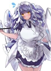  bad_id bad_pixiv_id blue_eyes blush breasts cup dress female flying_sweatdrops highres huge_breasts kamchrome last_origin long_hair looking_at_viewer maid_headdress mug multicolored_hair snow_feather_(last_origin) streaked_hair tray two-tone_hair white_hair yellow_eyes 