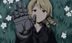  bad_id bad_pixiv_id black_shirt brown_eyes brown_hair collared_shirt cosplay dress_shirt edward_elric edward_elric_(cosplay) female flower fullmetal_alchemist golden_time_lover_(fma) grass idolmaster idolmaster_cinderella_girls long_hair long_sleeves looking_at_viewer lying mechanical_hands morikubo_nono on_back on_grass parted_lips photoshop_(medium) prosthesis ringlets shirt single_mechanical_hand solo uccow upper_body white_flower 