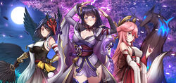  3girls absurdres adsouto animal_ears armor arms_up artist_name bare_shoulders bird_mask bird_wings black_bodysuit black_hair black_wings blush bodysuit bow braid breasts bridal_gauntlets cherry_blossoms cherry_tree choker cleavage commentary cowboy_shot electricity english_commentary feathered_wings flower fox_ears fox_shadow_puppet fox_tail frown full_moon genshin_impact glowing_feather glowing_flower grin hair_flower hair_ornament hair_tie hakama hand_on_own_hip headpiece highres japanese_clothes kimono kujou_sara large_bow long_hair looking_at_viewer low-braided_long_hair low-tied_long_hair mask mask_on_head medium_breasts medium_hair mitsudomoe_(shape) mole mole_under_eye moon multiple_girls night nontraditional_miko obi obiage obijime outdoors parted_lips pink_hair pose purple_eyes purple_flower purple_hair purple_kimono purple_legwear raiden_shogun red_hakama red_ribbon ribbon ribbon-trimmed_sleeves ribbon_choker ribbon_trim sash shoulder_armor shrug_(clothing) signature smile tail tassel thighhighs tomoe_(symbol) tree very_long_hair vision_(genshin_impact) wide_sleeves wings yae_miko yellow_eyes 