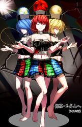  3girls bare_shoulders barefoot black_choker blonde_hair blue_hair breasts chains choker cleavage closed_eyes clothes_writing collarbone commentary_request commission contrapposto crop_top cropped_shirt earth_(ornament) facing_viewer frilled_skirt frills gold_chain hecatia_lapislazuli hecatia_lapislazuli_(earth) hecatia_lapislazuli_(moon) kikoka_(mizuumi) large_breasts midriff moon_(ornament) multicolored_clothes multicolored_skirt multiple_girls navel off-shoulder_shirt off_shoulder outstretched_arms red_hair shirt short_hair skeb_commission skirt smile standing stomach touhou 