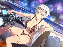  aerial_fireworks animal_print bikini blush boat boat_interior breasts city_lights cleavage collarbone couch eyewear_on_head female fireworks huge_breasts jewelry leopard_print looking_at_viewer miyabi_(senran_kagura) monitor motor_vehicle navel night night_sky o-ring o-ring_swimsuit ocean official_art outdoors pillow railing screen senran_kagura senran_kagura_new_link senran_kagura_shinovi_versus ship short_hair sitting sky slingshot_swimsuit smile solo star_(sky) starry_sky steering_wheel sunglasses swimsuit thigh_strap third-party_source throttle tower watercraft white_hair wooden_floor yaegashi_nan yellow_eyes 