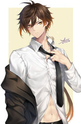  1boy black_necktie brown_hair closed_mouth collared_shirt commentary earrings eyeliner genshin_impact gradient_hair hair_between_eyes highres jacket jewelry long_hair long_sleeves looking_at_viewer makeup male_focus midriff multicolored_hair nasaniliu navel neck_tattoo necktie necktie_grab neckwear_grab orange_hair ponytail shirt simple_background single_earring solo tassel tassel_earrings tattoo unworn_jacket white_background white_shirt yellow_background yellow_eyes zhongli_(genshin_impact) 