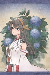  black_hair blue_flower bush commentary_request detached_sleeves female floral_background flower from_side hair_ornament hairband hairclip haruna_(kancolle) headgear hydrangea japanese_clothes kantai_collection long_hair looking_ahead pleated_skirt rain red_skirt ribbon-trimmed_sleeves ribbon_trim skirt solo wss_(nicoseiga19993411) 