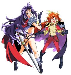  2girls antenna_hair armor ass black_cape black_footwear black_gloves blue_eyes blush boots breasts cape capelet circlet clenched_hand commentary_request earrings full_body gloves hair_between_eyes hand_up happy highres jewelry lina_inverse long_hair looking_at_viewer looking_back multiple_girls naga_the_serpent oerba_yun_fang open_mouth orange_hair pants purple_cape purple_hair red_eyes red_pants revealing_clothes shirt shoulder_armor simple_background slayers smile spikes standing take_shinobu teeth two-sided_cape two-sided_fabric upper_teeth_only very_long_hair white_background yellow_shirt 