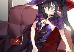  black_hair blue_eyes blue_leotard blush bodystocking breasts closed_mouth commentary_request couch female genshin_impact hair_between_eyes hat indoors leaning_to_the_side leotard long_hair looking_at_viewer mona_(genshin_impact) no_shoes on_couch purple_hat small_breasts solo subachi twintails very_long_hair witch_hat 