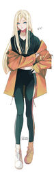  absurdres artist_name black_hoodie black_leggings blonde_hair blue_eyes brown_jacket crop_top cropped_hoodie dated female full_body gigi_andalusia gundam gundam_hathaway&#039;s_flash highres hood hoodie jacket leggings long_hair shoes sneakers solo white_background white_footwear yukinami_(paru26i) 