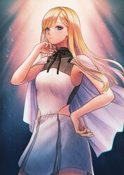  armpit_peek bad_id bad_pixiv_id blue_eyes breasts bright_pupils capelet dress earrings female floating_hair gigi_andalusia gundam gundam_hathaway&#039;s_flash hand_on_own_chin hand_on_own_hip highres jewelry long_hair open_hand small_breasts solo tubering white_capelet white_dress white_pupils 