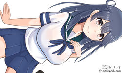  ahoge black_hair black_socks blue_sailor_collar blue_skirt breasts commentary_request dated female kantai_collection large_breasts long_hair looking_at_viewer one-hour_drawing_challenge pleated_skirt sailor_collar school_uniform serafuku shiromaru_(maniado) sideways simple_background sitting skirt socks solo twitter_username ushio_(kancolle) wariza white_background 