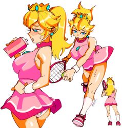  3amsoda alternate_breast_size armpit_crease artist_name ass ball blonde_hair blue_eyes bottle breasts brooch commentary crown drink earrings female highres holding holding_bottle holding_racket jewelry large_breasts long_hair mario_(series) mario_tennis multiple_views official_alternate_costume pink_footwear ponytail princess_peach racket simple_background socks sphere_earrings sweat tennis tennis_ball tennis_peach tennis_racket underwear water water_bottle white_background white_socks 