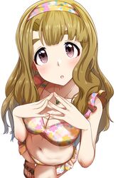  bad_id bad_twitter_id bare_shoulders bikini blunt_bangs blurry blush breasts cleavage collarbone depth_of_field female floral_print frilled_bikini frills from_above hairband hands_up highres idolmaster idolmaster_million_live! large_breasts light_brown_hair long_hair looking_at_viewer miyao_miya multicolored_bikini multicolored_clothes navel open_mouth run_p_(aveton) sandals simple_background solo steepled_fingers swimsuit thick_eyebrows tongue white_background 