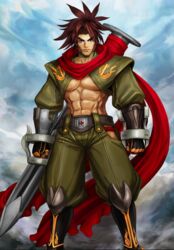  1boy abs artist_request blazblue blazblue_alternative:_dark_war brown_eyes brown_hair detached_sleeves gauntlets highres looking_at_viewer male_focus muscular muscular_male nail ninja official_art ponytail scar scar_on_face serious shishigami_bang solo tall third-party_source weapon 